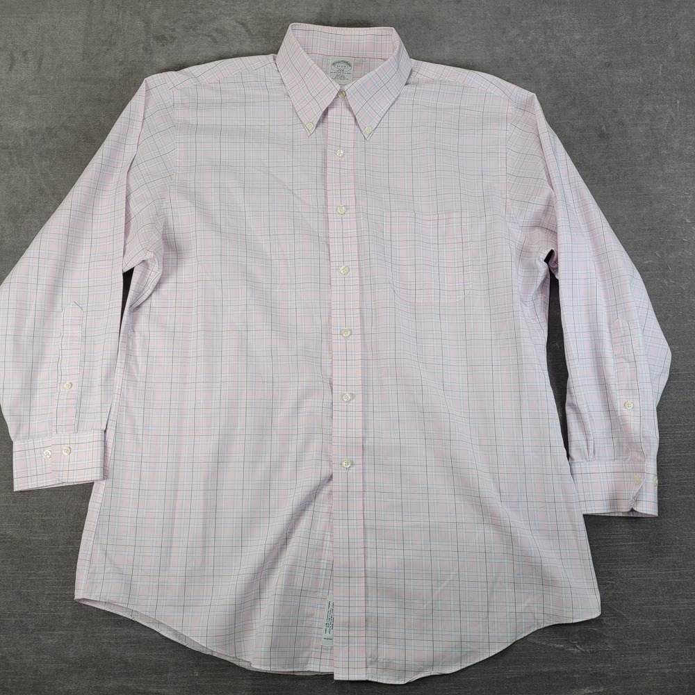 Brooks Brothers 346 Mens 17 2/3 Slim Fit Pink Blue Plaid Shirt Long Sleeve